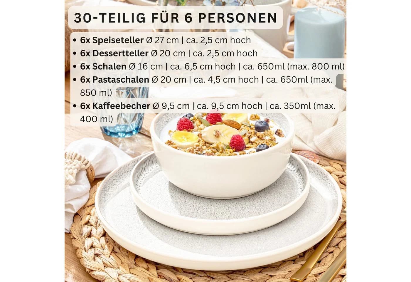 SÄNGER Tafelservice Kreta Geschirrset 30-tlg. Steingut Creme-Blau