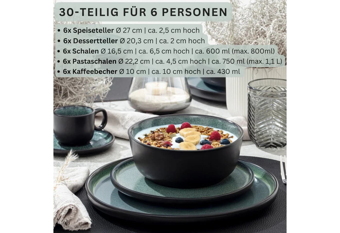 SÄNGER Tafelservice Malmö 30-tlg. Geschirrset Steingut Grün-Schwarz