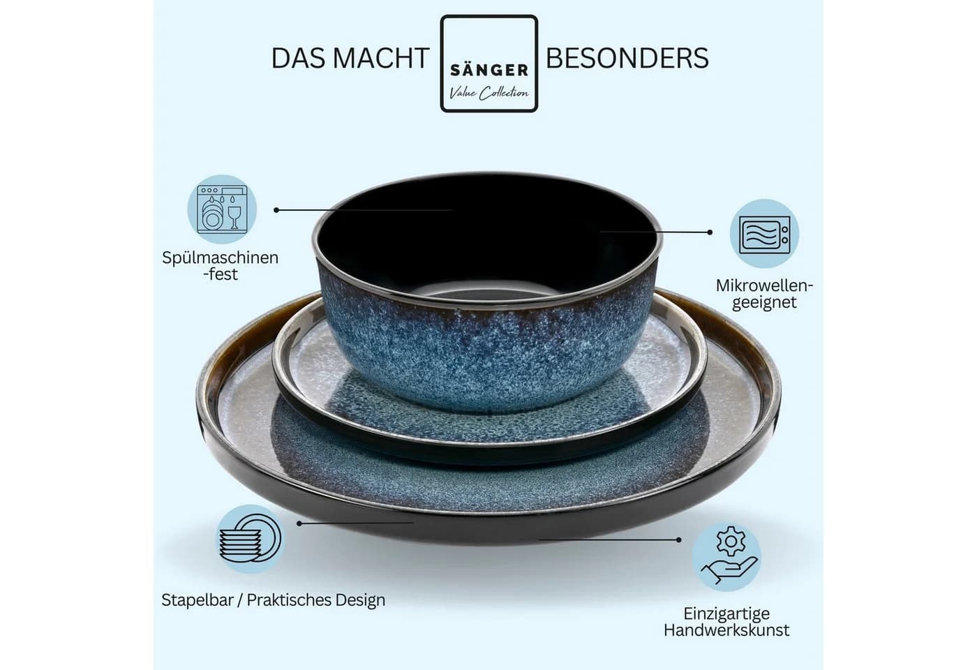 SÄNGER Geschirr-Set Osaka Blau Schwarz 30-tlg Steingut Kombiservice - Bild 4