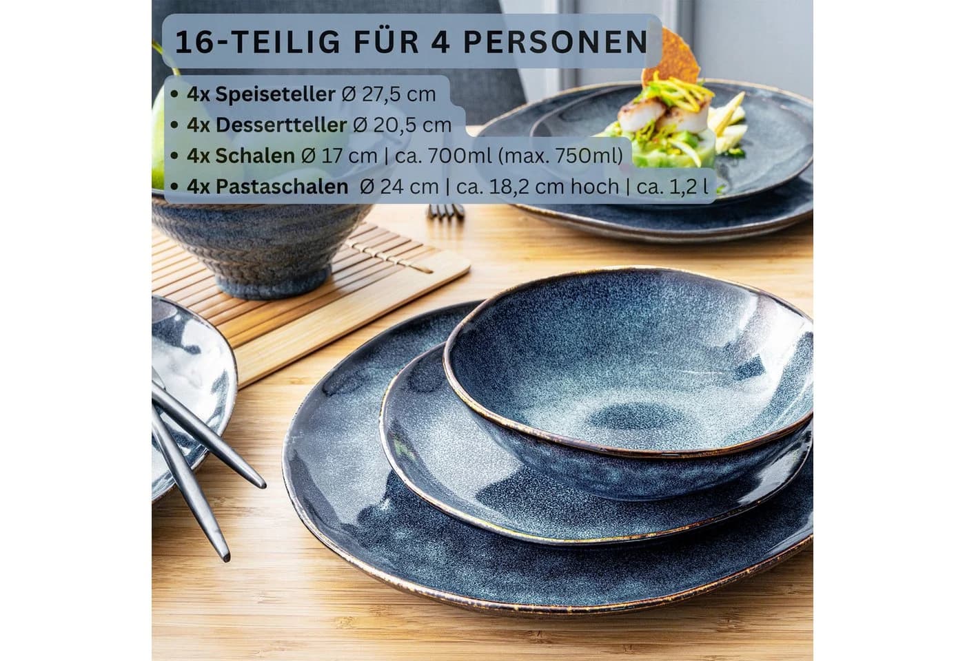 SÄNGER Tafelservice Tokio 16-tlg. Geschirrset Blau Schwarz Steingut