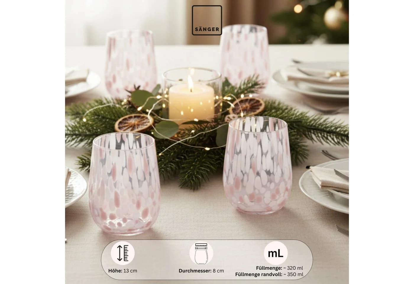 SÄNGER Gläser-Set Curacao 4-tlg. Glas mit Punkten Weiß Rosa