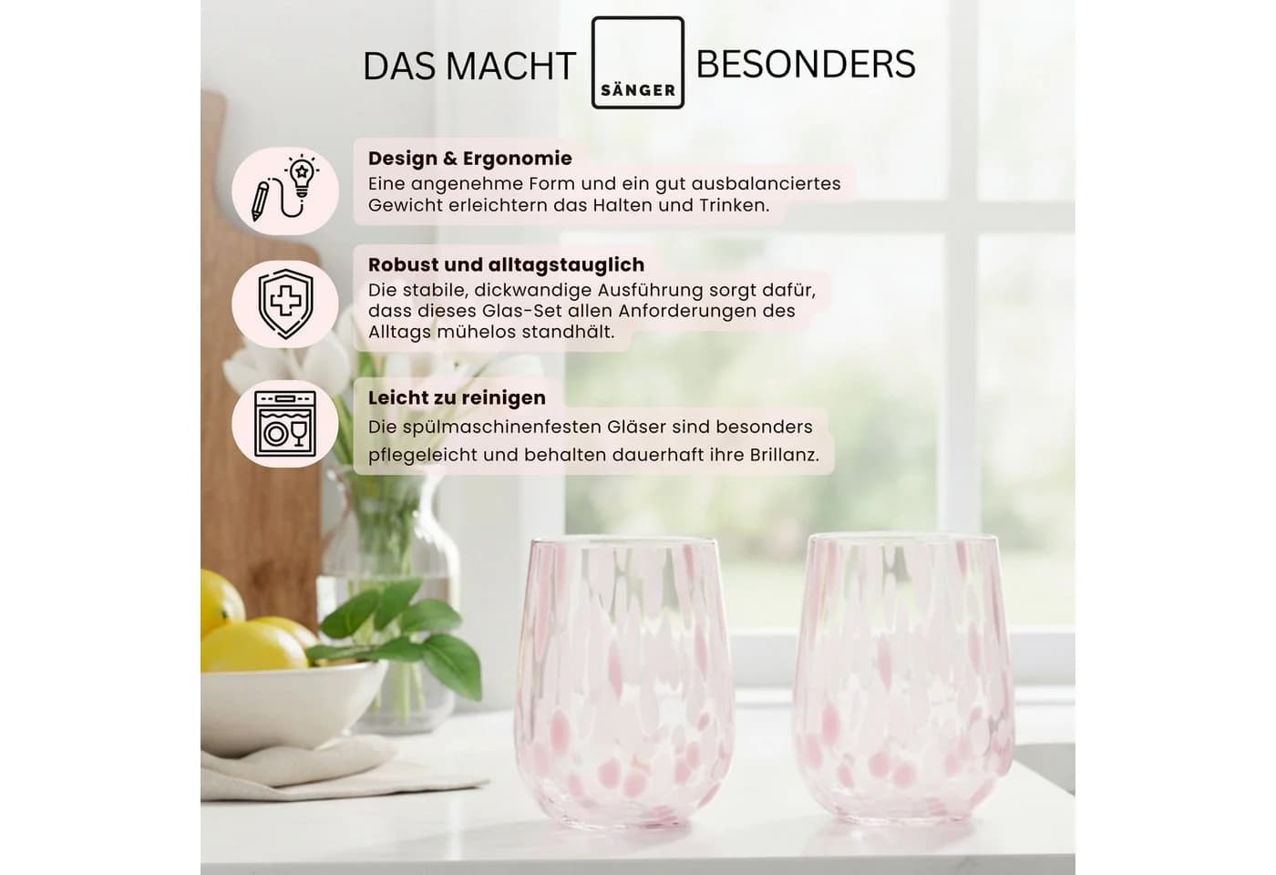 SÄNGER Gläser-Set Curacao 4-tlg. Glas mit Punkten Weiß Rosa - Bild 3