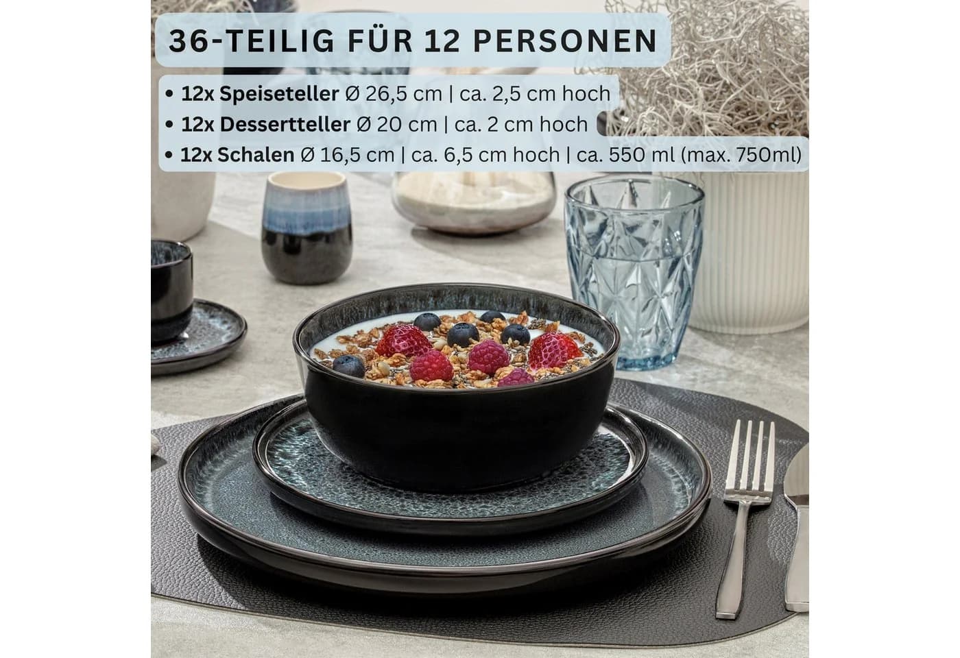 SÄNGER Tafelservice Manila Geschirrset 36-tlg. Blau-Schwarz Steingut