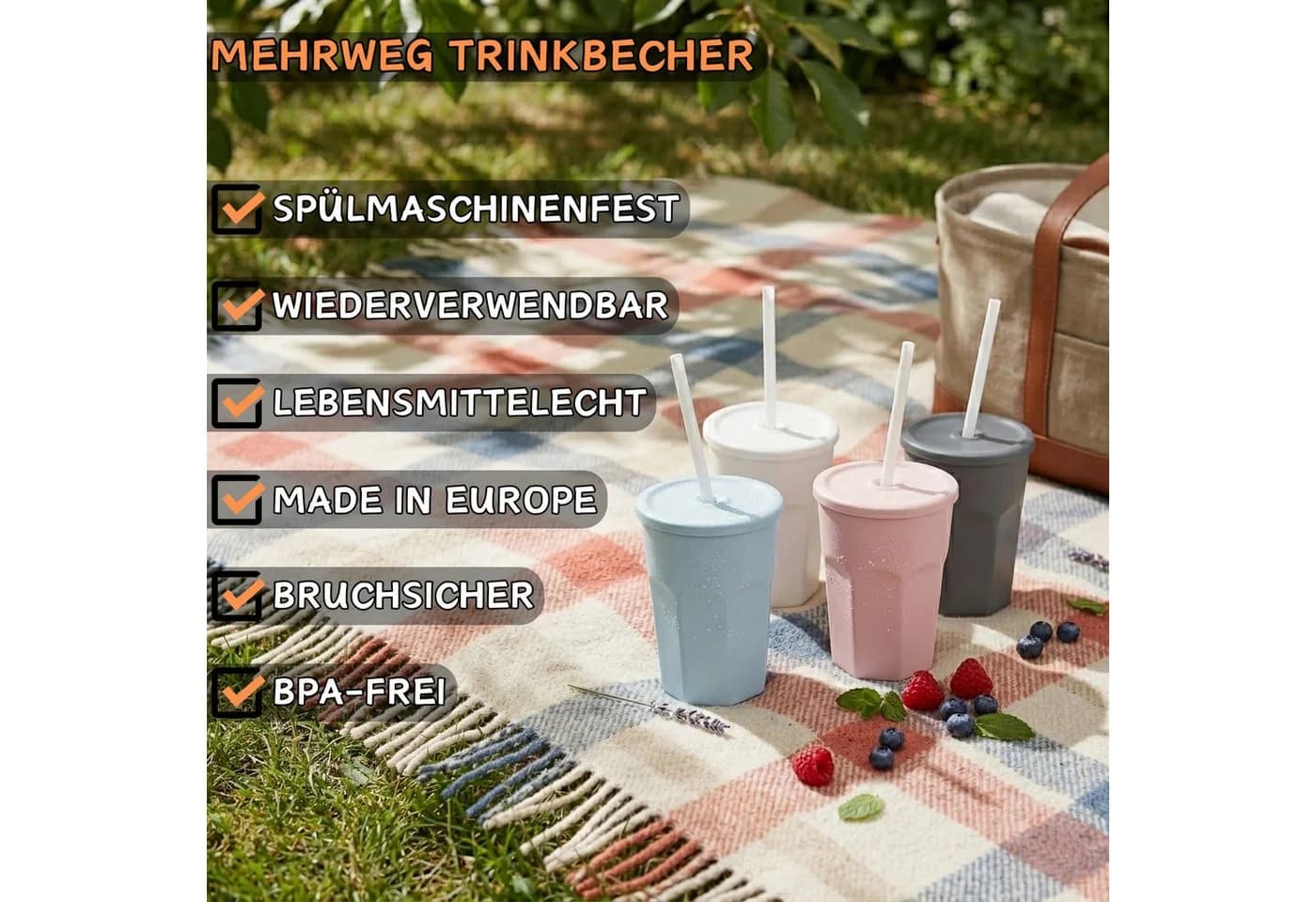 Engelland Becher 5-tlg. Rosa mit Deckel und Strohhalm