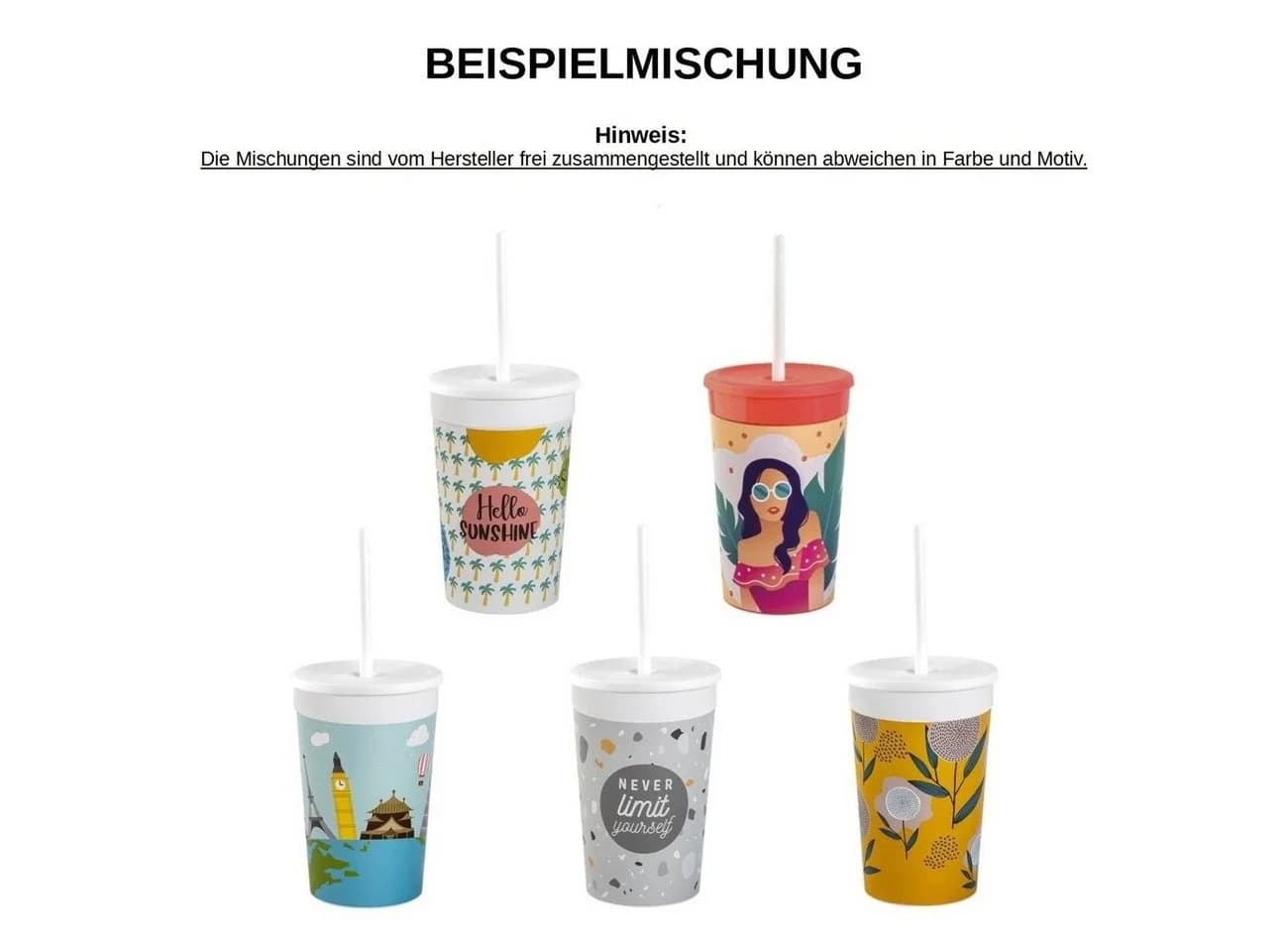 Engelland Kinderbecher 5-tlg. mit Deckel & Strohhalm Bunt Kunststoff BPA-frei