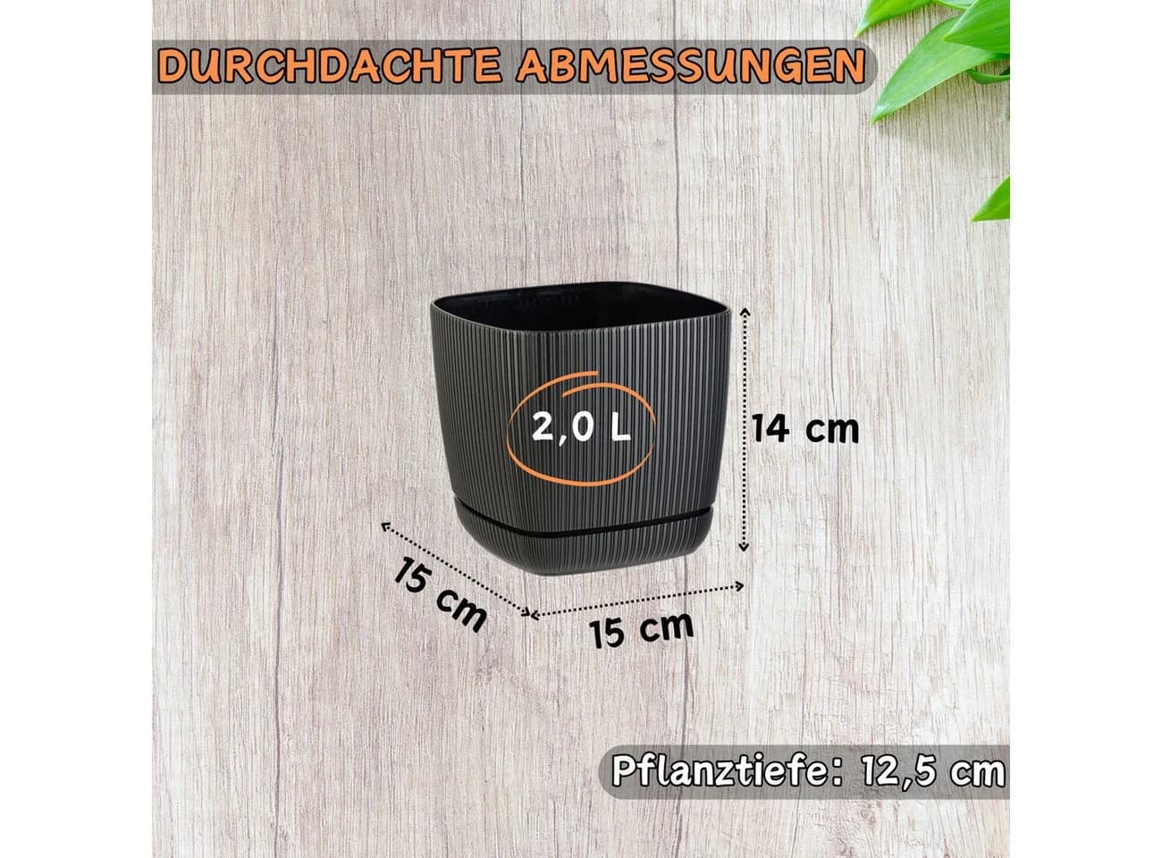 Engelland Blumentopf Pflanztopf mit Drainagesystem & Untersetzer 15 x 15 cm, 2 Liter, 1 St., robuster PP-Kunststoff, eckig, Rillenoptik, UV-resistent, direkte Bepflanzung