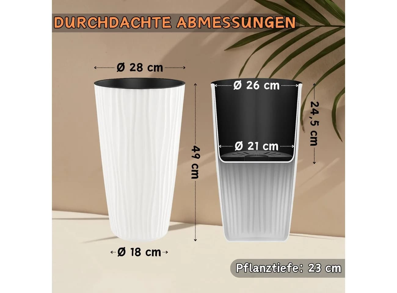 Engelland Blumentopf Pflanztopf mit herausnehmbarem Einsatz & Bewässerungssystem, Wasserspeicher, Rillenoptik, hoch, rund, modern, UV-resistent