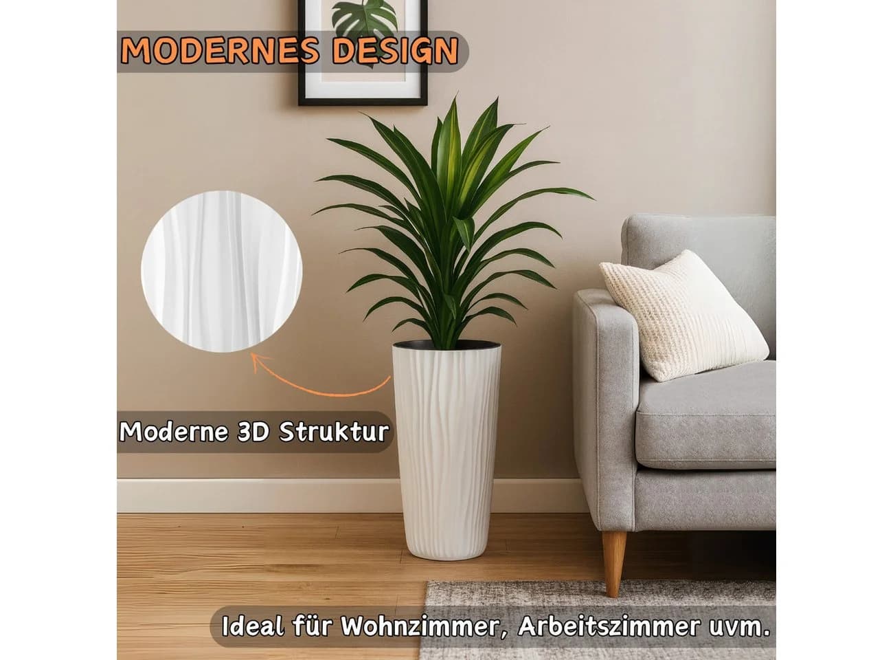 Engelland Blumentopf Pflanztopf mit herausnehmbarem Einsatz & Bewässerungssystem, Wasserspeicher, Rillenoptik, hoch, rund, modern, UV-resistent - Bild 3