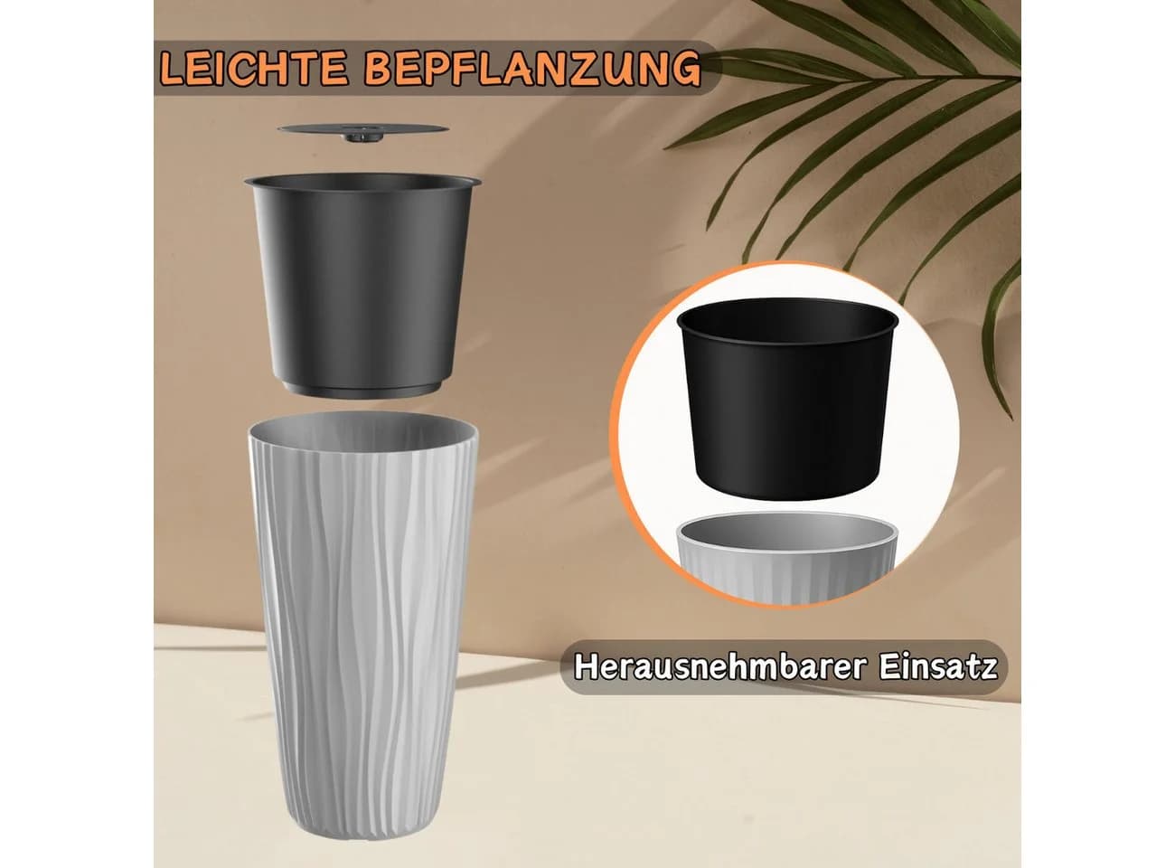 Engelland Blumentopf Pflanztopf mit herausnehmbarem Einsatz & Bewässerungssystem, Wasserspeicher, Rillenoptik, hoch, rund, modern, UV-resistent - Bild 4