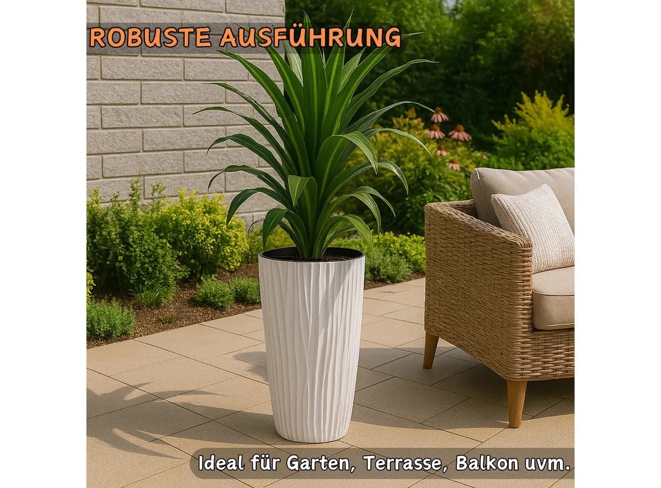 Engelland Blumentopf Pflanztopf mit herausnehmbarem Einsatz & Bewässerungssystem, Wasserspeicher, Rillenoptik, hoch, rund, modern, UV-resistent - Bild 5