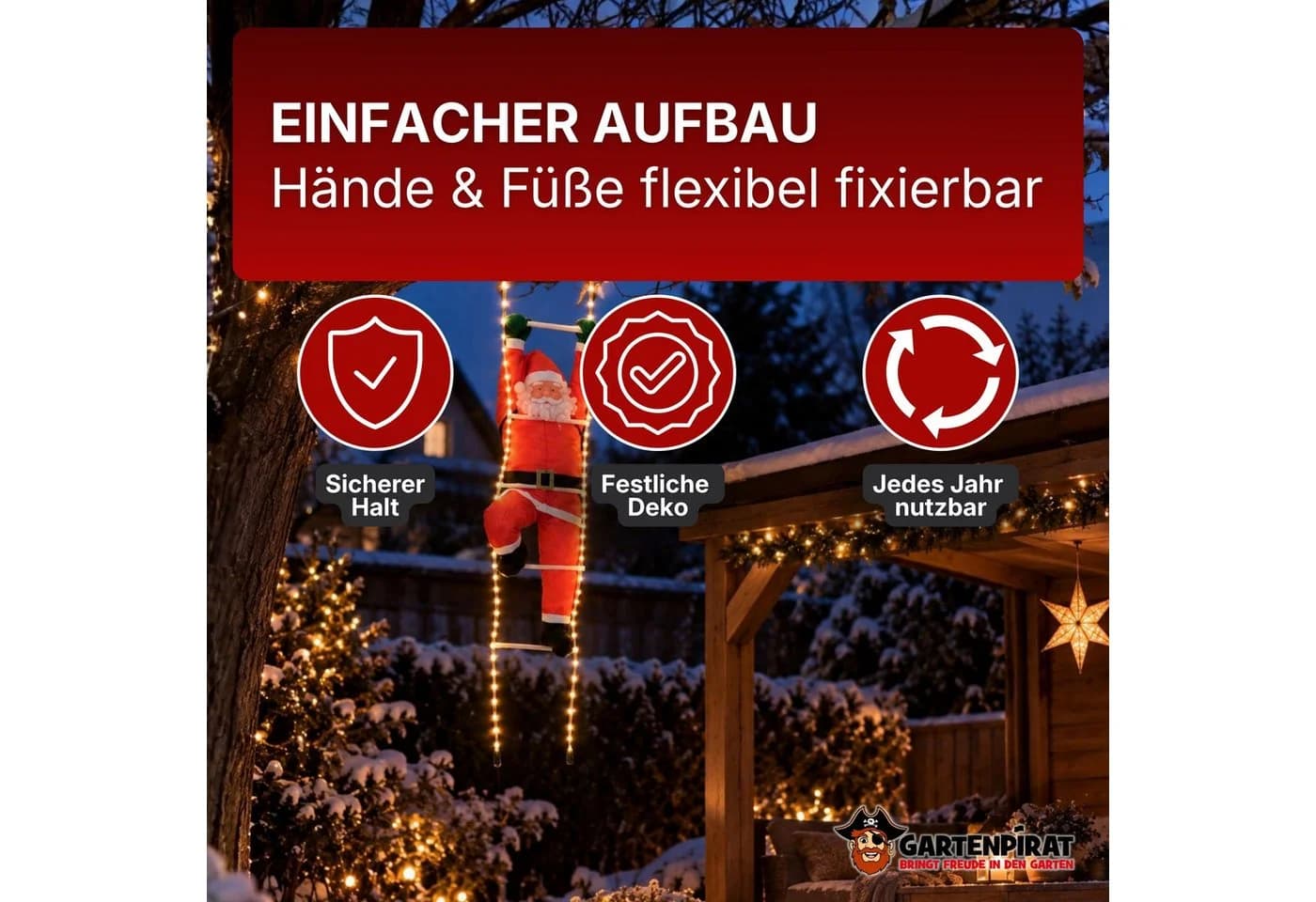 Gartenpirat Weihnachtsmann Lichterkette mit LED beleuchteter Leiter - Bild 5