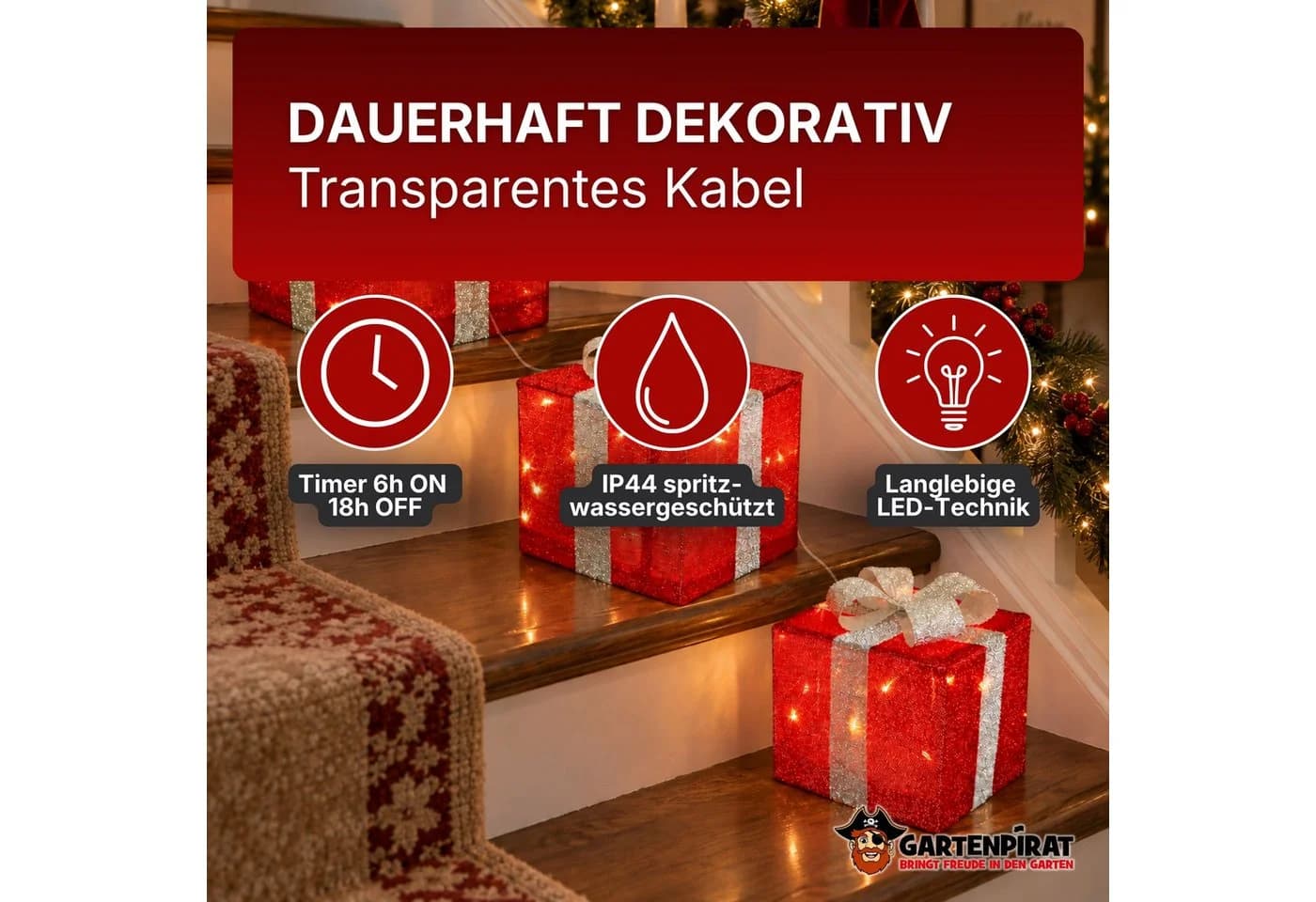Gartenpirat LED Geschenkboxen 3er-Set Warmweiß/Rot Timer - Bild 5