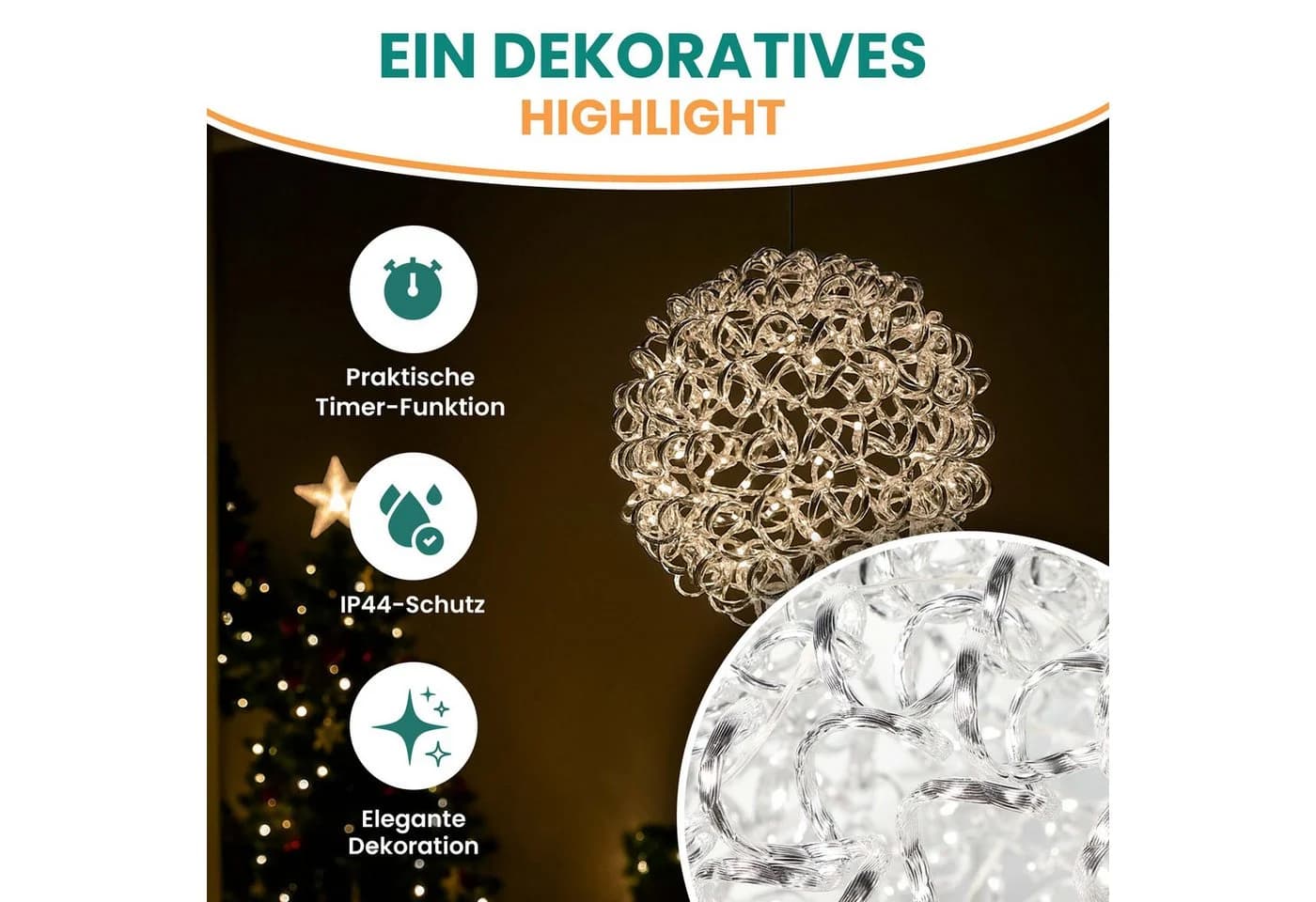 Gartenpirat Dekolicht Kugel o. Stern Silberdraht Alu, LED´s warmweiß, Timer, Weihnachtsdeko