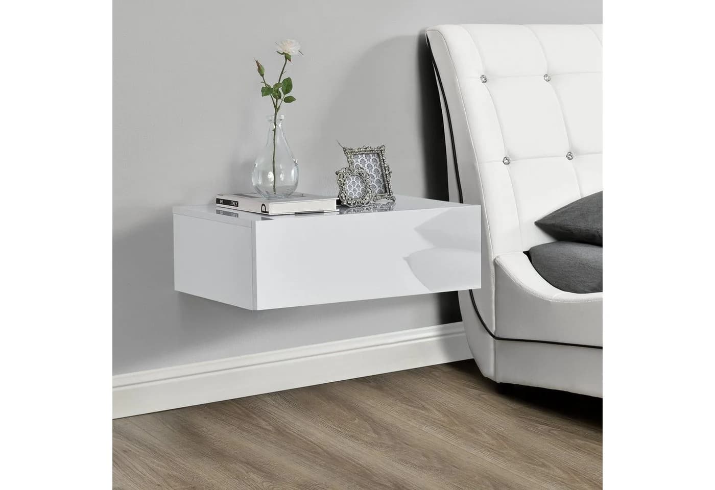 en.casa Nachtschrank Oslo Wandboard mit Schublade Weiß Hochglanz - Bild 3