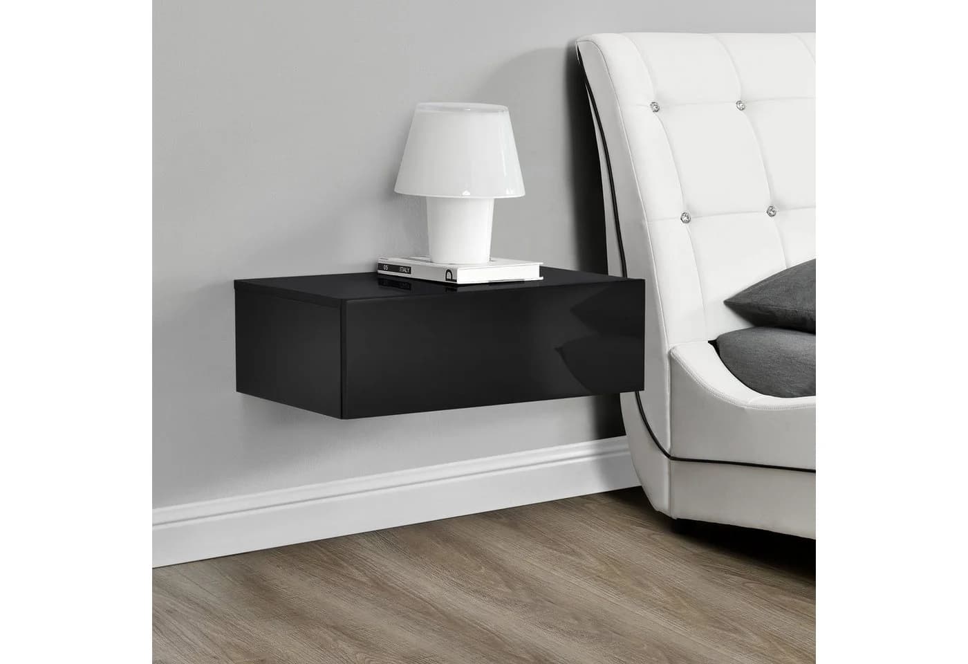 en.casa Nachtschrank Oslo Wandboard mit Schublade Schwarz Hochglanz - Bild 3