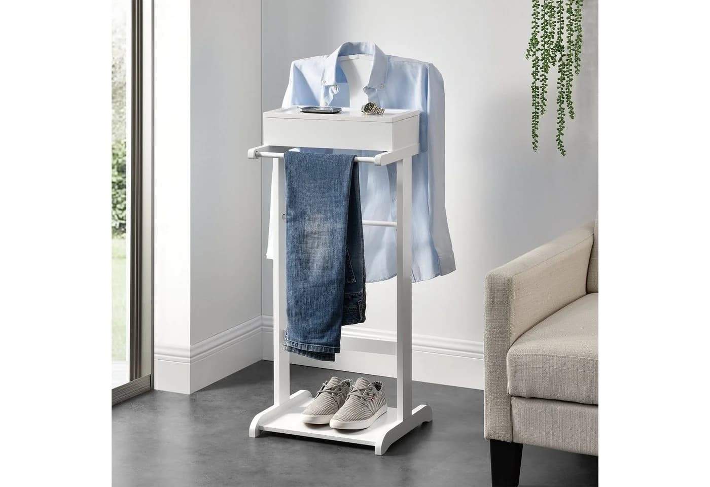 en.casa Herrendiener Garderobenständer Weiß mit Staufach - Bild 3
