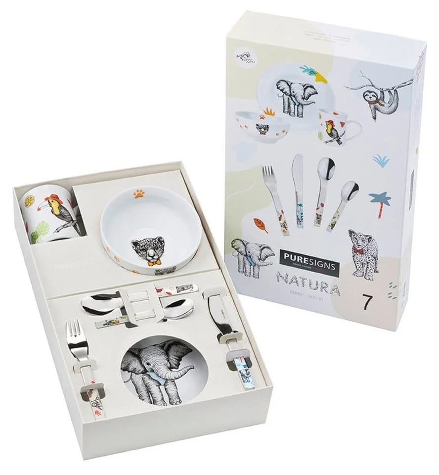 PURESIGNS Kindergeschirr-Set NATURA 7-tlg. Bunt Edelstahl & Porzellan