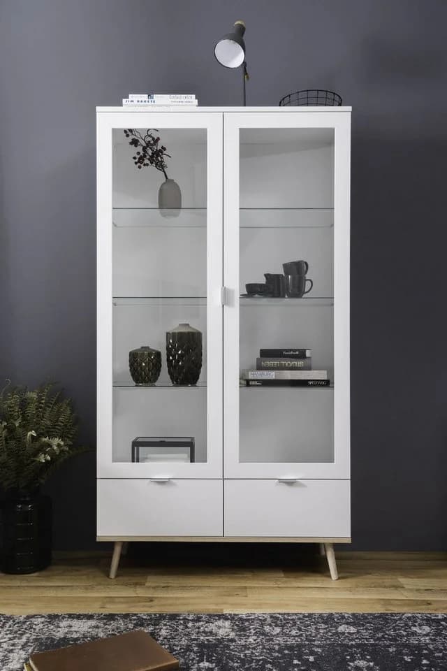 Finori Vitrine Weiß Sonoma Eiche Modern Glastüren Schubladen - Bild 5