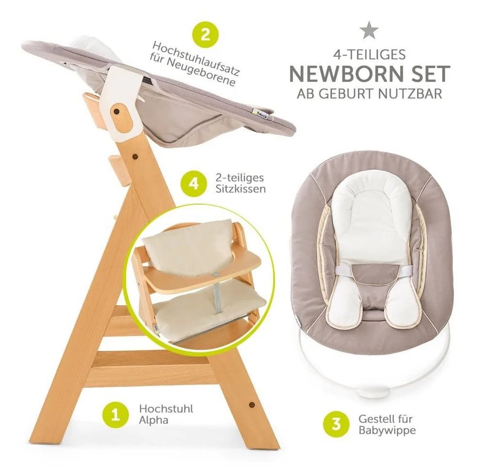 Hauck Hochstuhl Alpha Plus Natur Newborn Set Holz Babystuhl