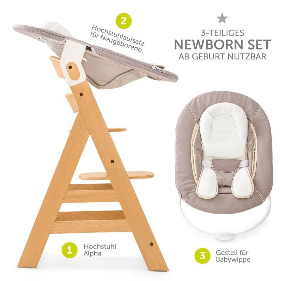 Hauck Hochstuhl Alpha Plus Natur - Newborn Set mit Neugeborenenaufsatz