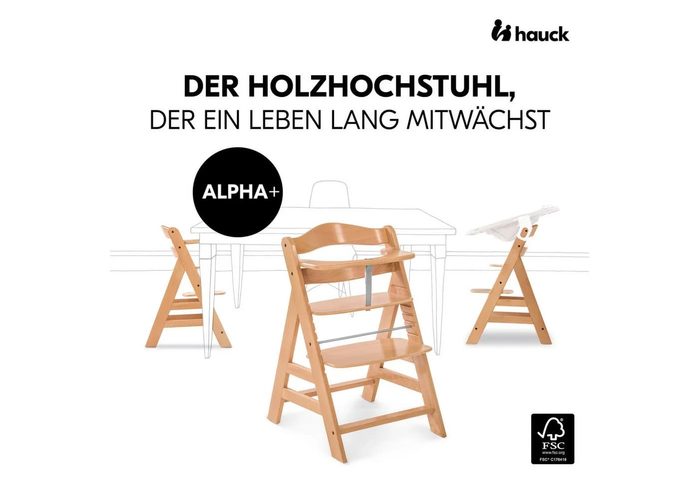 Hauck Hochstuhl Alpha Plus Natur - Mitwachsender Holz-Kinderhochstuhl mit Kissen