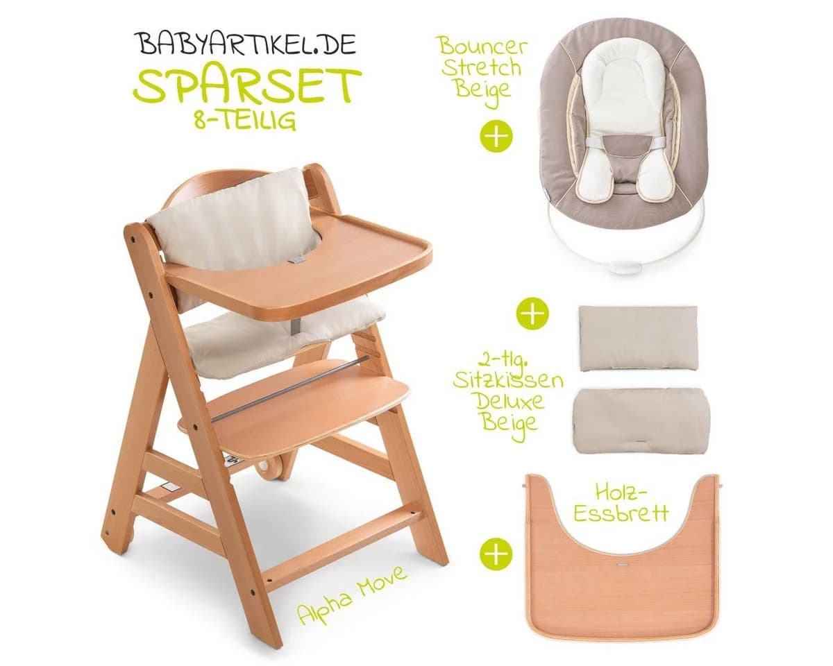 Hauck Hochstuhl Move Natur Newborn Set - Babystuhl ab Geburt inkl. Aufsatz