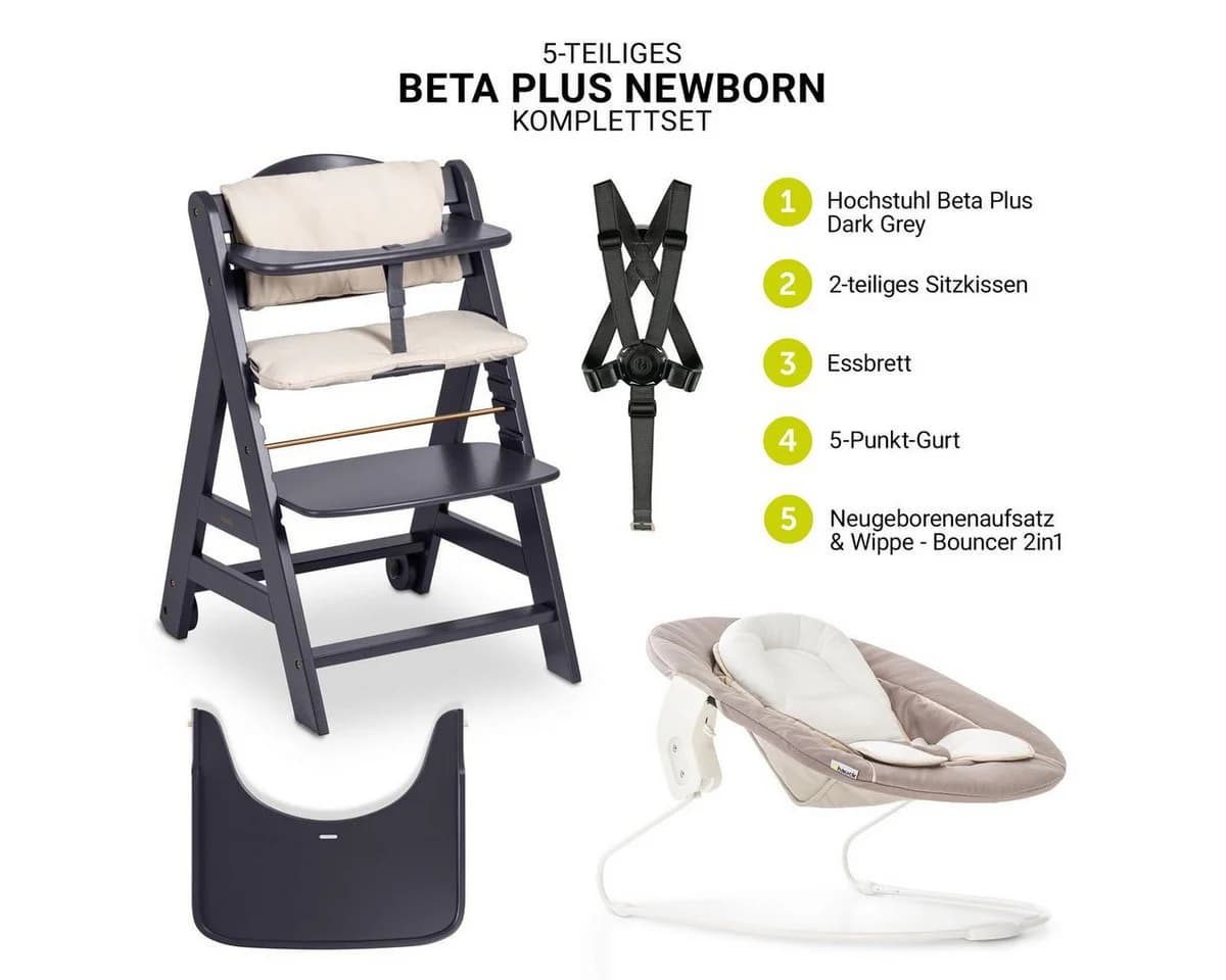 Hauck Hochstuhl Beta Plus Dark Grey - Newborn Set mit Aufsatz