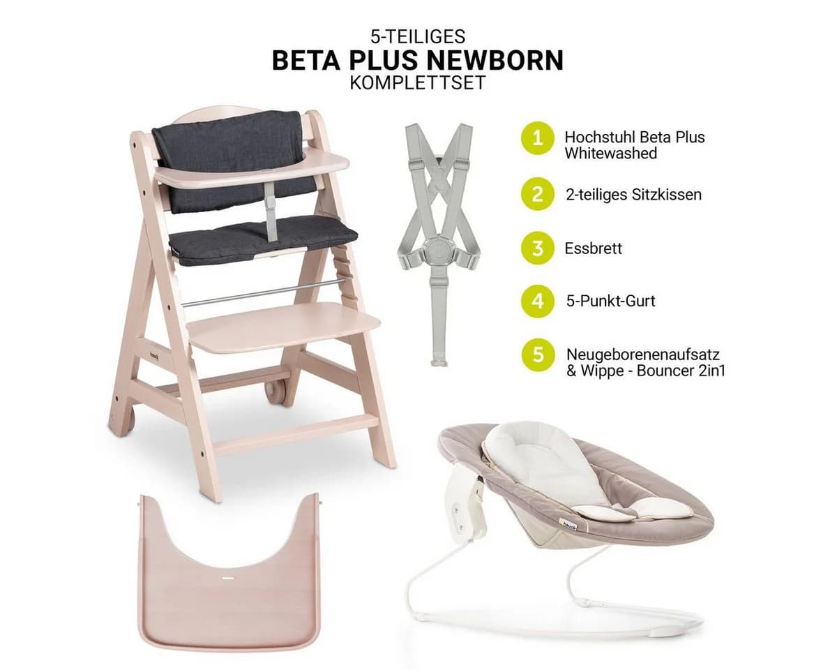 Hauck Hochstuhl Beta Plus Whitewashed Newborn Set Stretch Beige Babystuhl ab Geburt