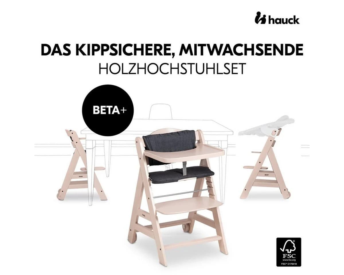 Hauck Hochstuhl Beta Plus Whitewashed Newborn Set Stretch Beige Babystuhl ab Geburt - Bild 3