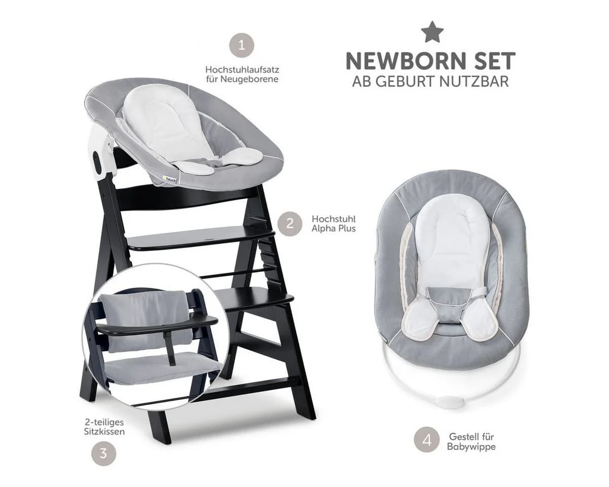 Hauck Hochstuhl Alpha Plus Black Newborn Set Schwarz/Grau Holz