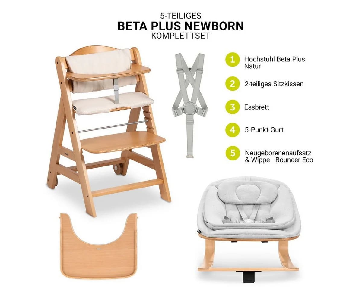 Hauck Hochstuhl Beta Plus Natural Newbornset Eco Light Grey Holz Babystuhl ab Geburt mit Neugeborenensatz, Sitzkissen, Essbrett