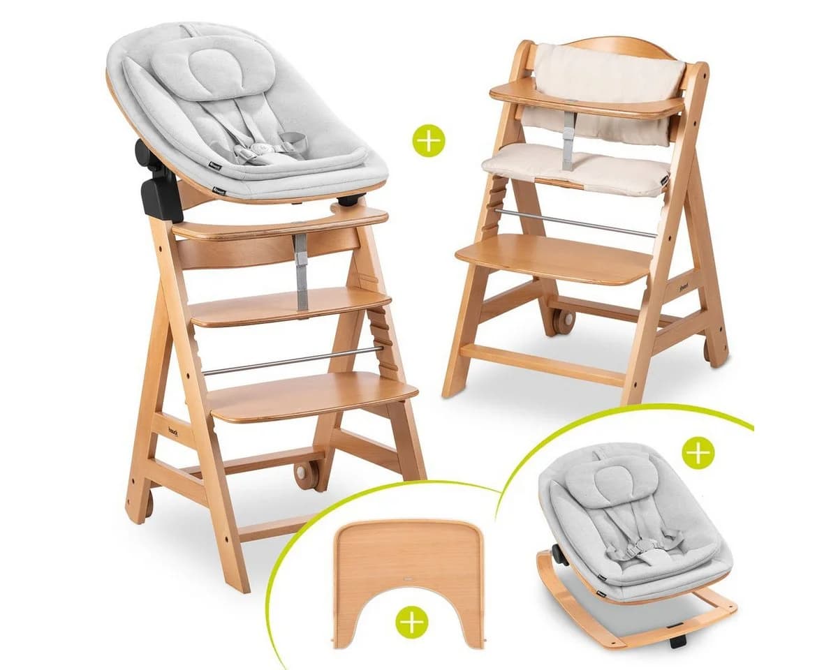 Hauck Hochstuhl Beta Plus Natural Newbornset Eco Light Grey Holz Babystuhl ab Geburt mit Neugeborenensatz, Sitzkissen, Essbrett - Bild 2