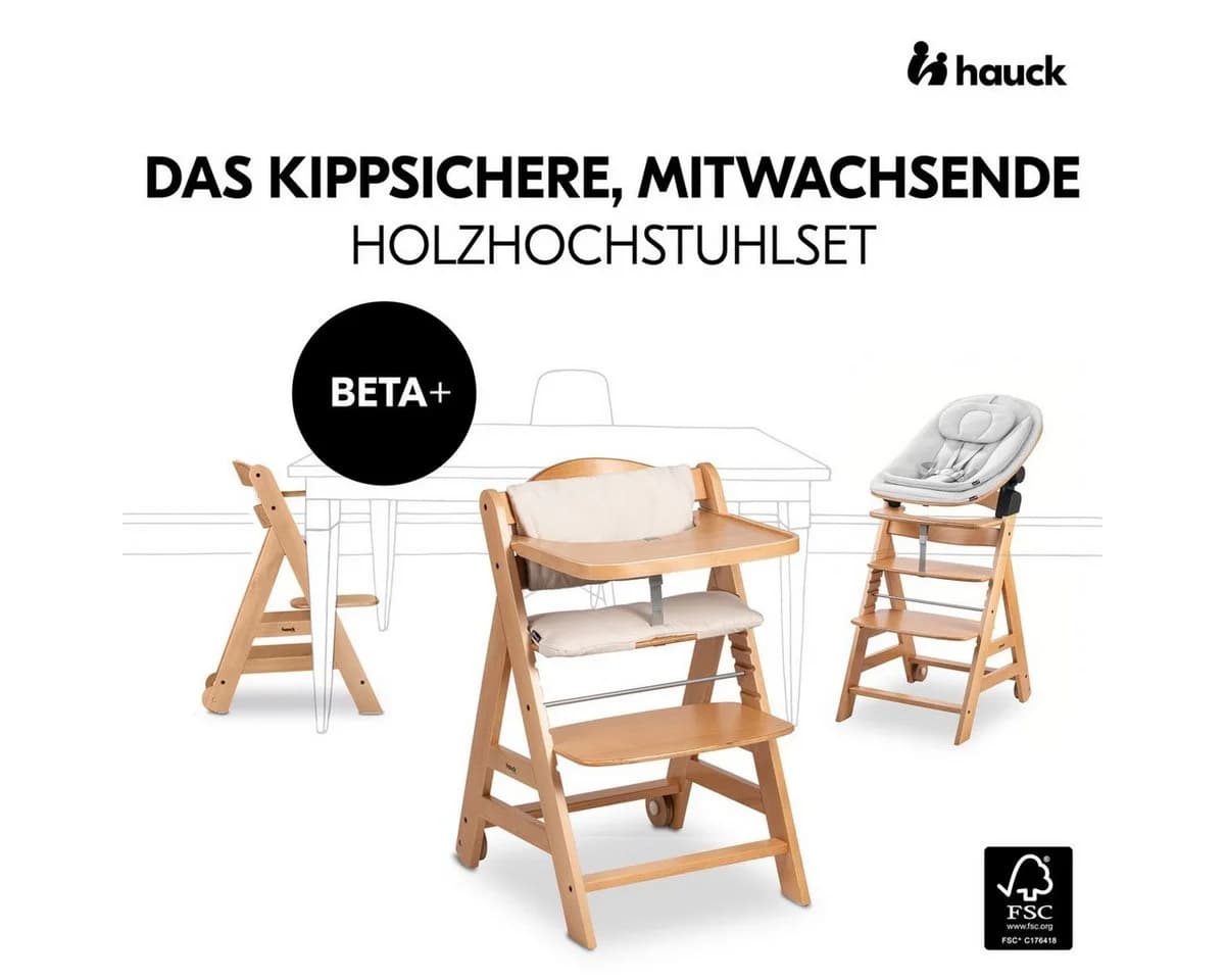 Hauck Hochstuhl Beta Plus Natural Newbornset Eco Light Grey Holz Babystuhl ab Geburt mit Neugeborenensatz, Sitzkissen, Essbrett - Bild 3