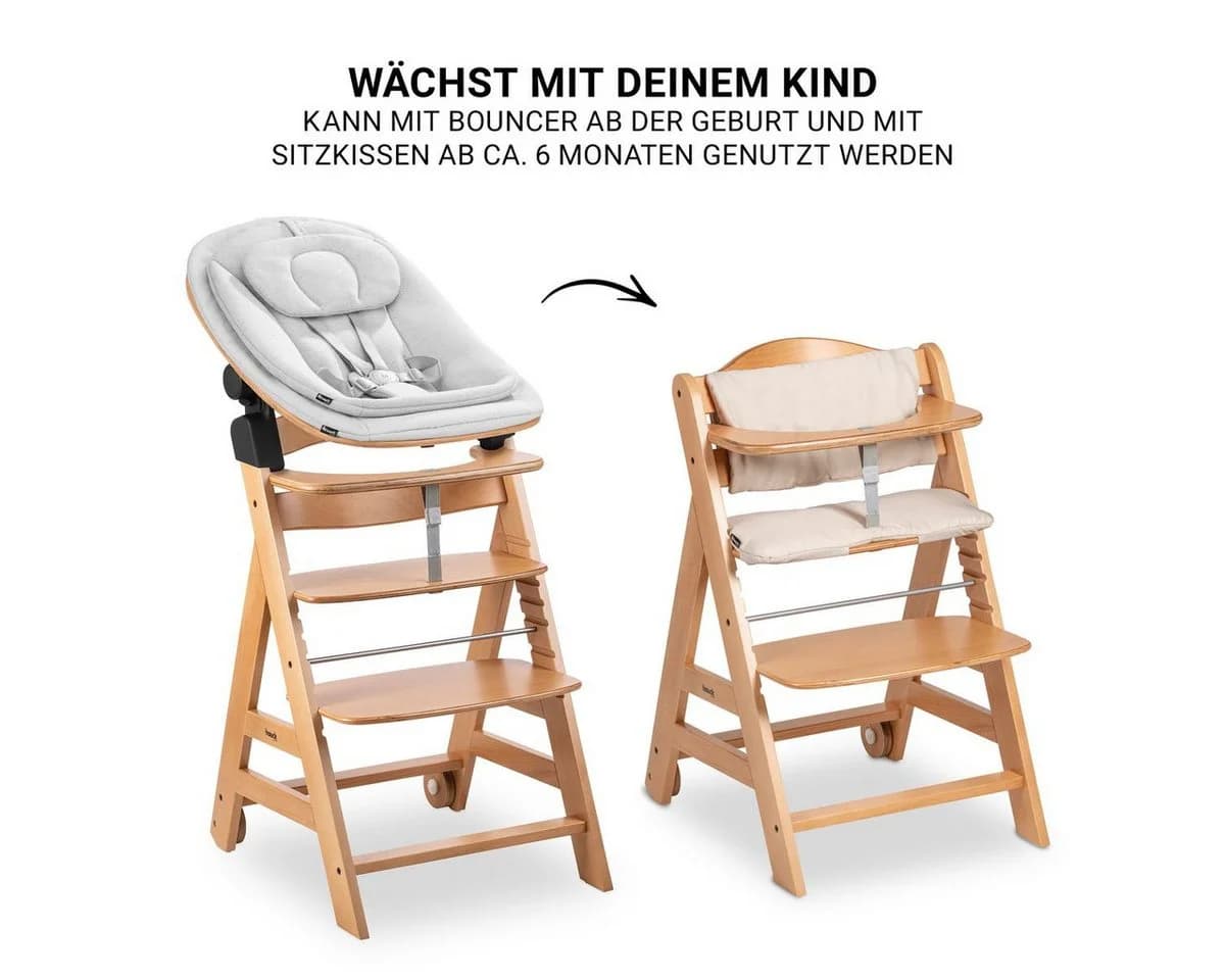 Hauck Hochstuhl Beta Plus Natural Newbornset Eco Light Grey Holz Babystuhl ab Geburt mit Neugeborenensatz, Sitzkissen, Essbrett - Bild 4