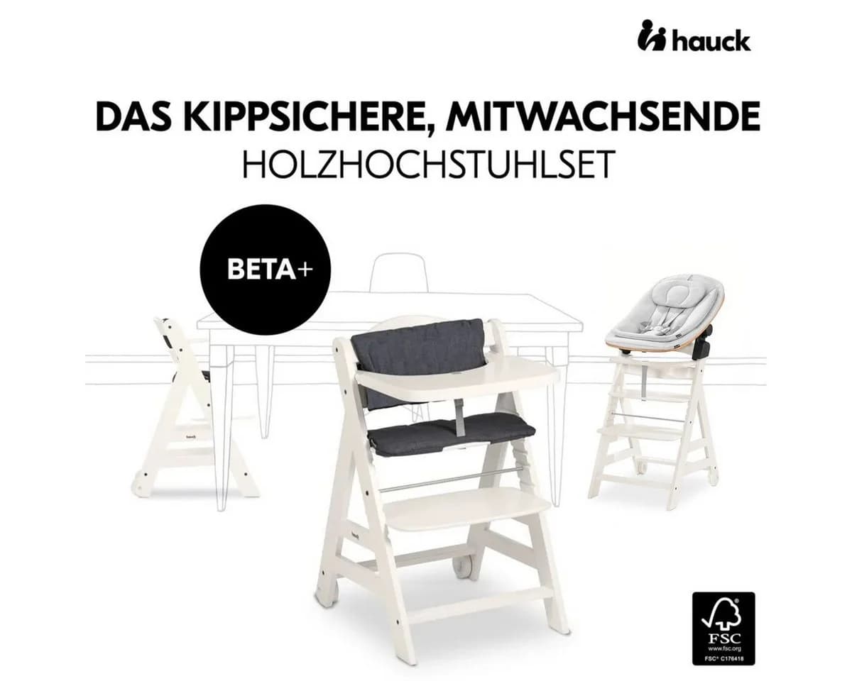 Hauck Hochstuhl Beta Plus White Newbornset Eco Light Grey Holz Babystuhl - Bild 3