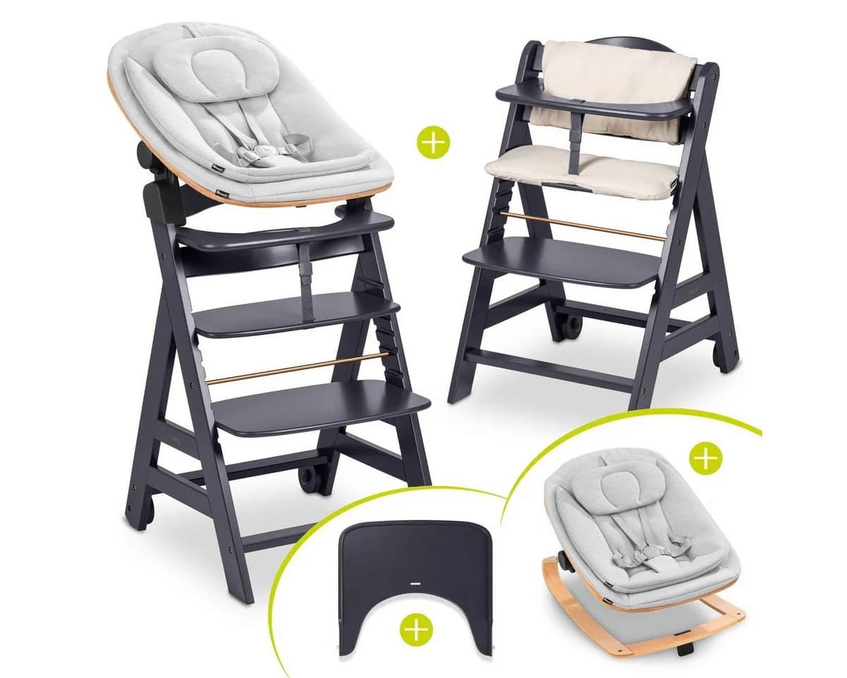 Hauck Hochstuhl Beta Plus Dark Grey Newbornset Eco - Light Grey (Set) Holz Babystuhl ab Geburt mit Neugeborenensufsatz, Sitzkissen, Essbrett - Bild 2