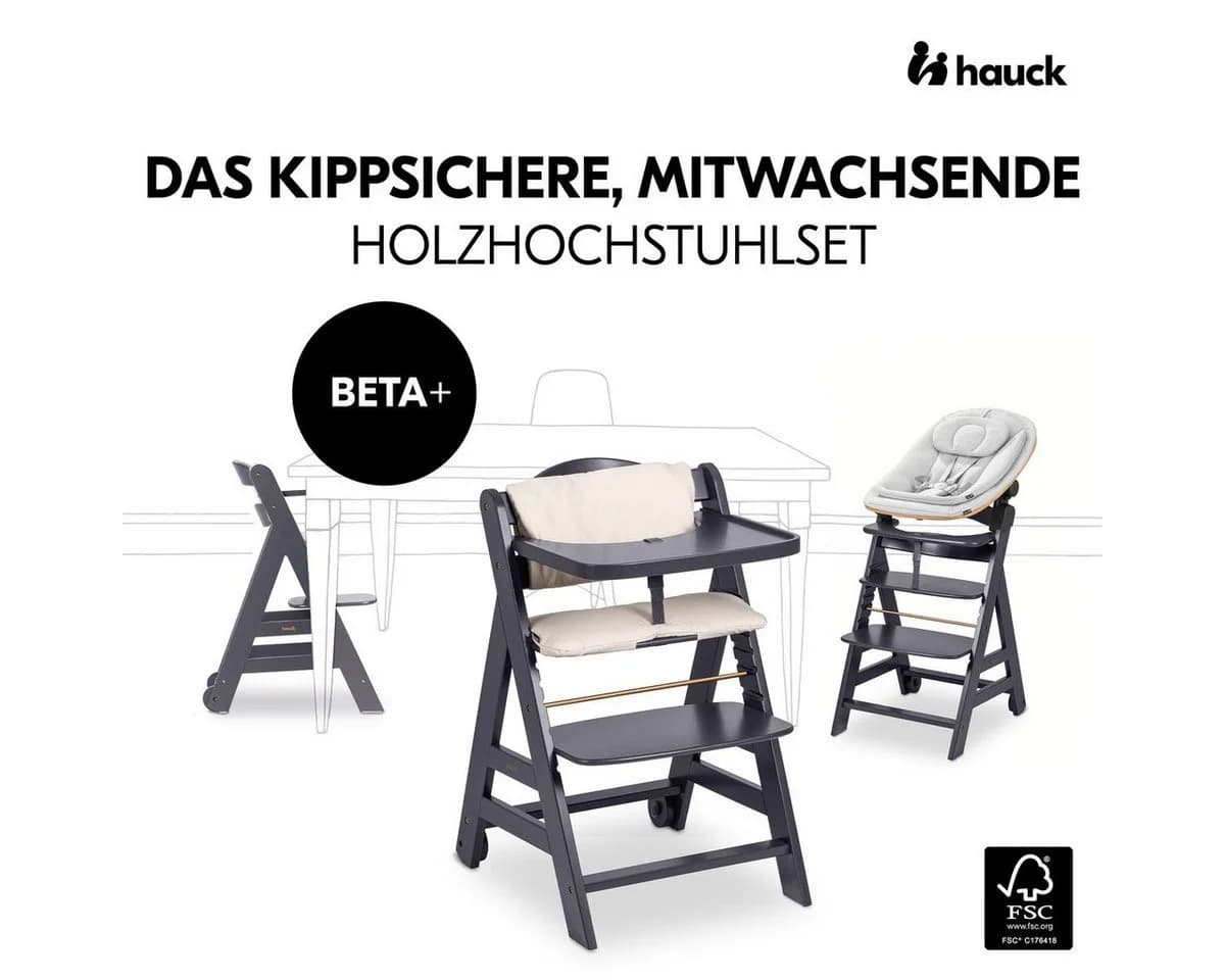 Hauck Hochstuhl Beta Plus Dark Grey Newbornset Eco - Light Grey (Set) Holz Babystuhl ab Geburt mit Neugeborenensufsatz, Sitzkissen, Essbrett - Bild 3