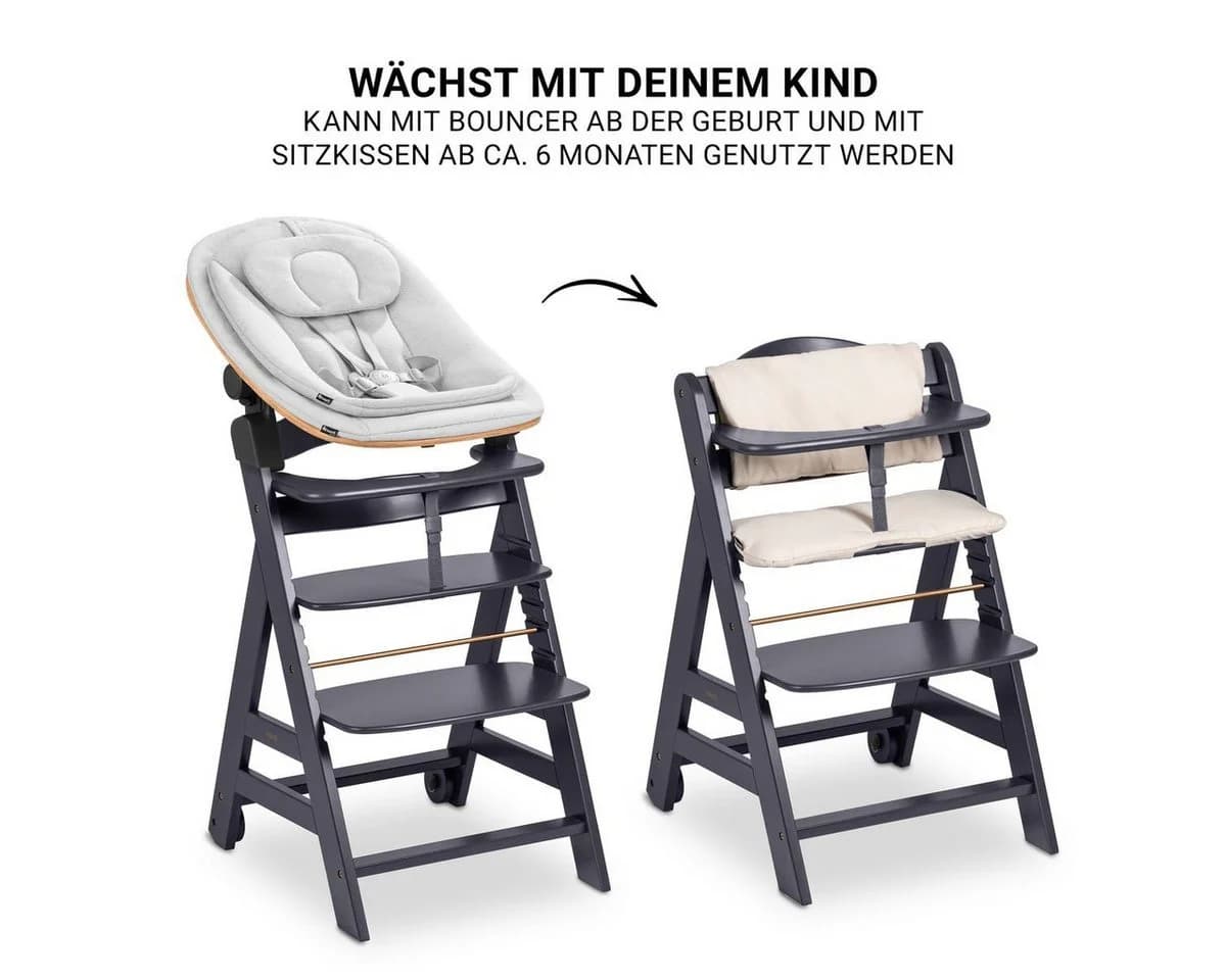Hauck Hochstuhl Beta Plus Dark Grey Newbornset Eco - Light Grey (Set) Holz Babystuhl ab Geburt mit Neugeborenensufsatz, Sitzkissen, Essbrett - Bild 4