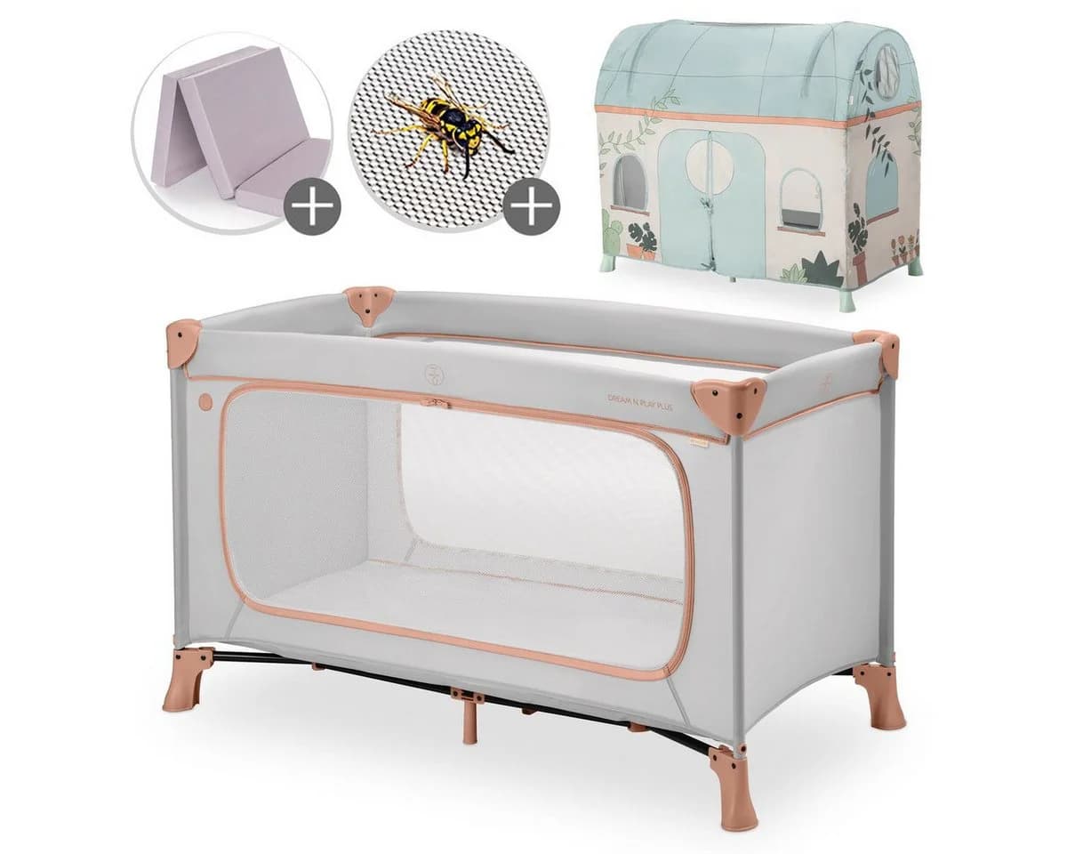 Hauck Baby-Reisebett Dream N Play Plus - Dusty Cork/Plants Kinderreisebett mit Matratze, Moskitonetz & Spielzelt - Bild 2