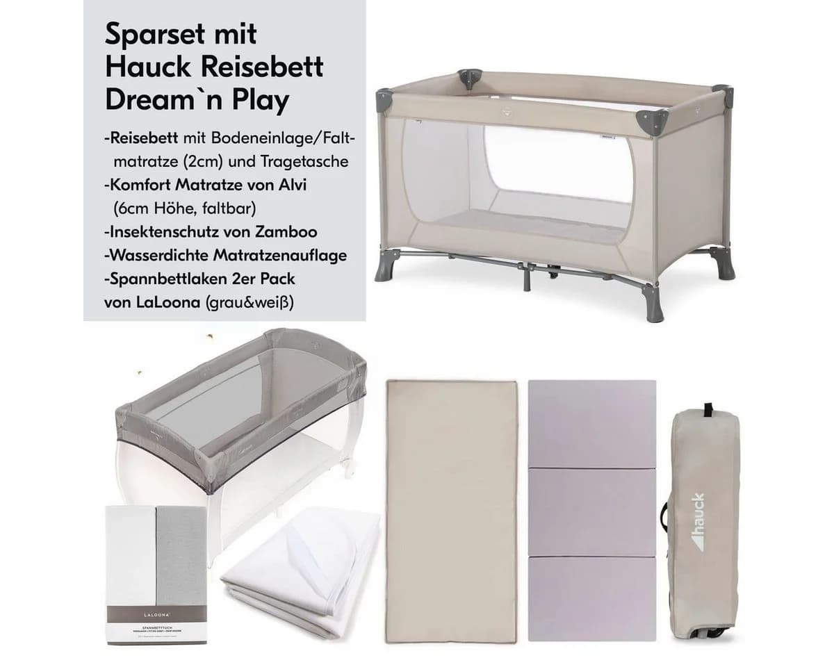 Hauck Baby-Reisebett Dream`n Play XXL Set Beige mit Matratze, 2 Spannbetttücher & Betteinlage