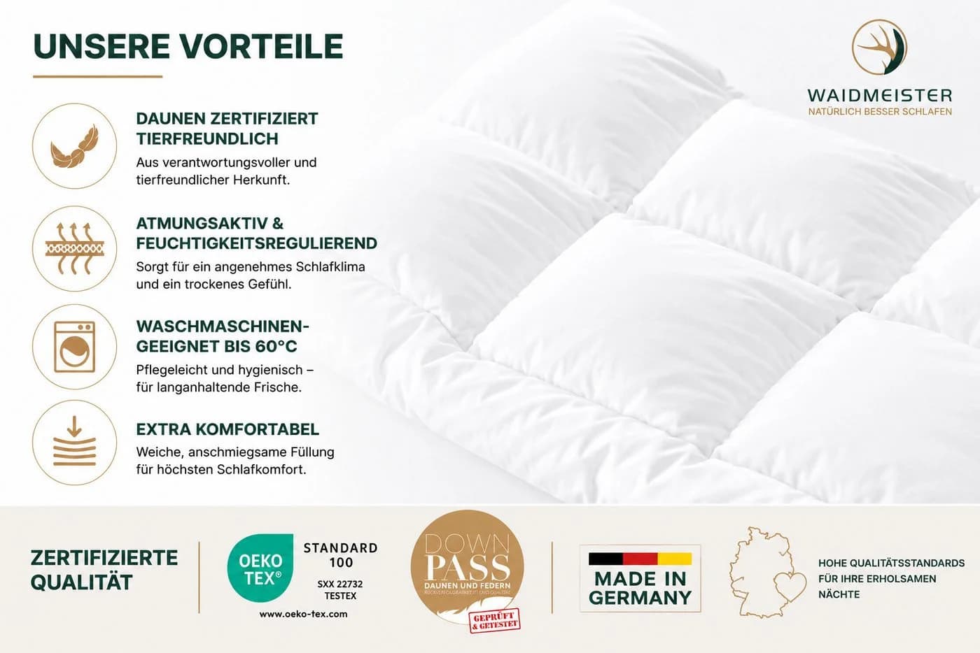 DILUMA Federbettdeckenset 4-teilig mit Federkissen, 100% Baumwolle, Weiß - Bild 4