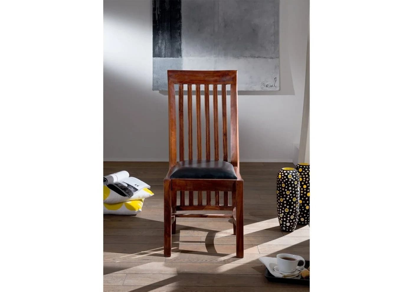 Massivmoebel24 Holzstuhl OXFORD Akazie Nougat Kunstleder Schwarz