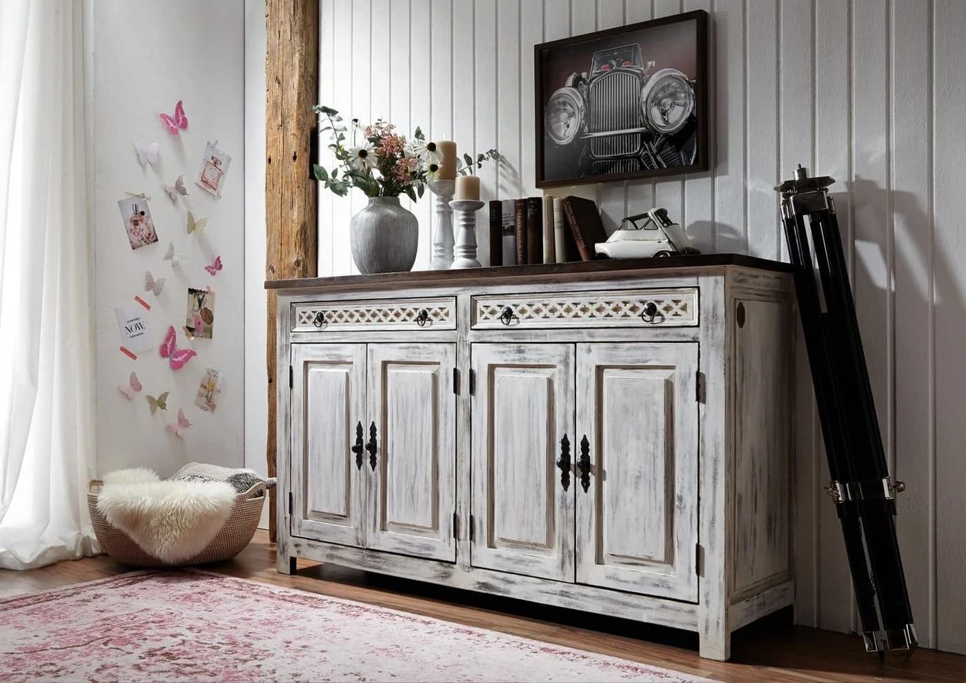 Massivmoebel24 Sideboard CASTLE-ANTIK Weiß Mango Akazie