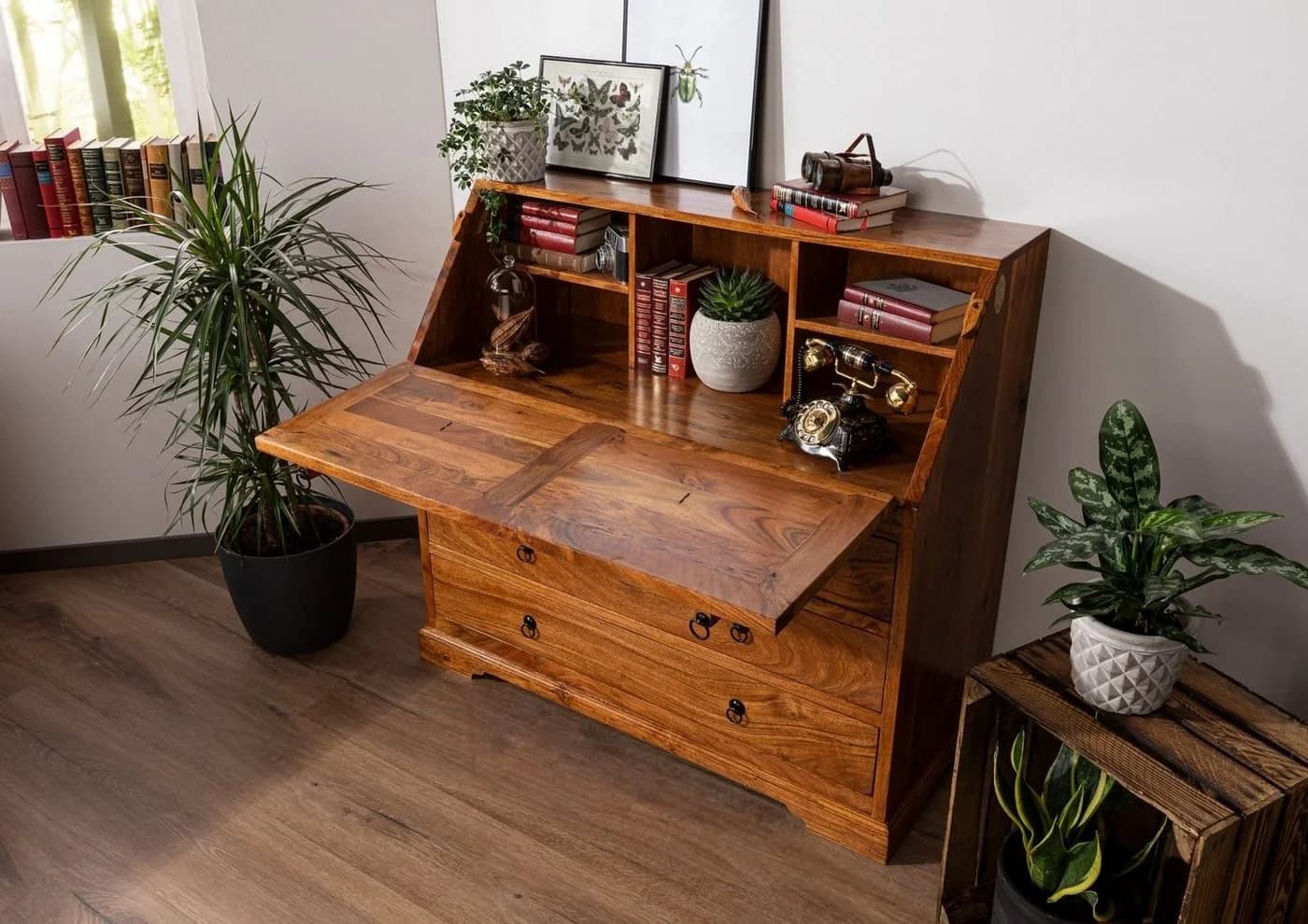 Massivmoebel24 Schreibtisch Sekretär Akazie 107x50x100 honig lackiert OXFORD #0515