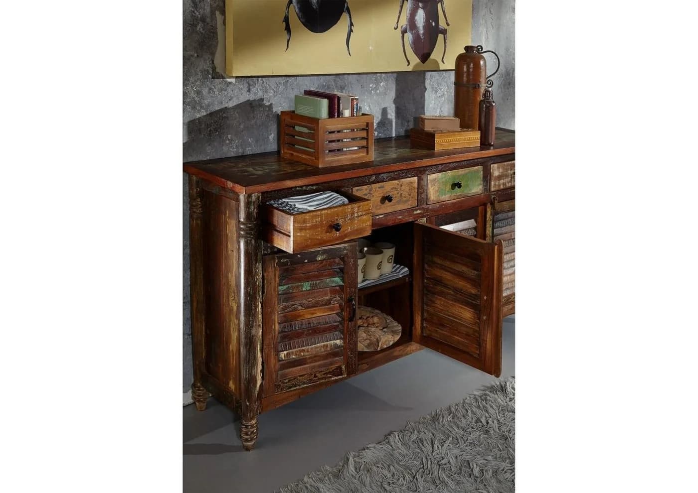 Massivmoebel24 Sideboard FABLE Massivholz Altholz 183x42x90 mehrfarbig lackiert - Bild 4
