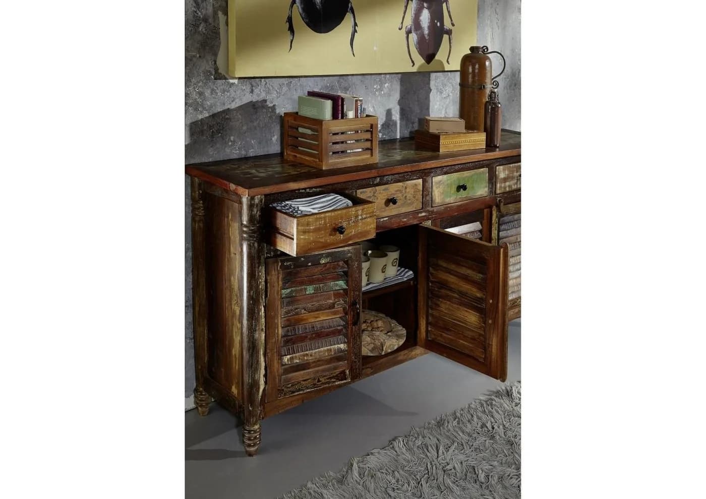 Massivmoebel24 Sideboard FABLE Massivholz Altholz 183x42x90 mehrfarbig lackiert - Bild 5