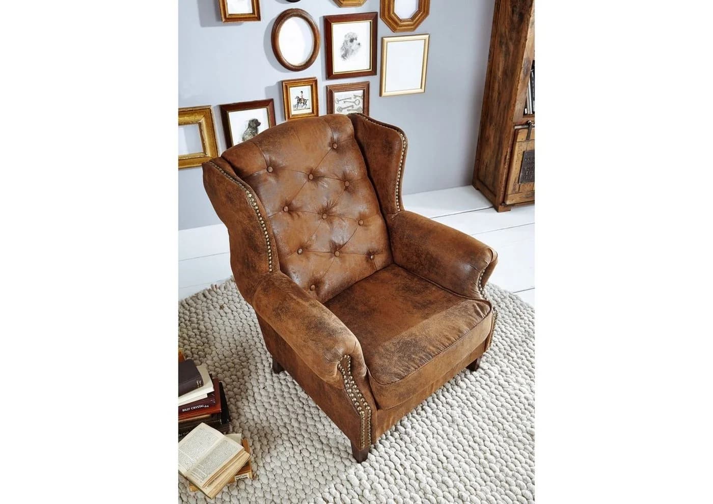 Massivmoebel24 Chesterfield Ohrensessel Braun Lederlook