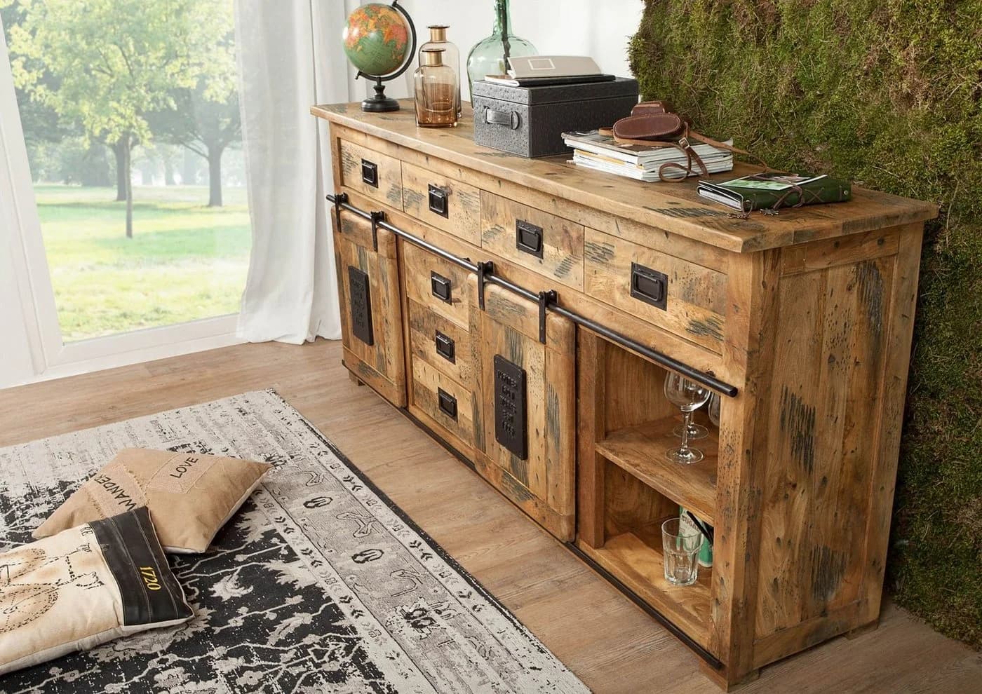 Massivmoebel24 Sideboard RAILWAY Mango Industrial Schiebetüren