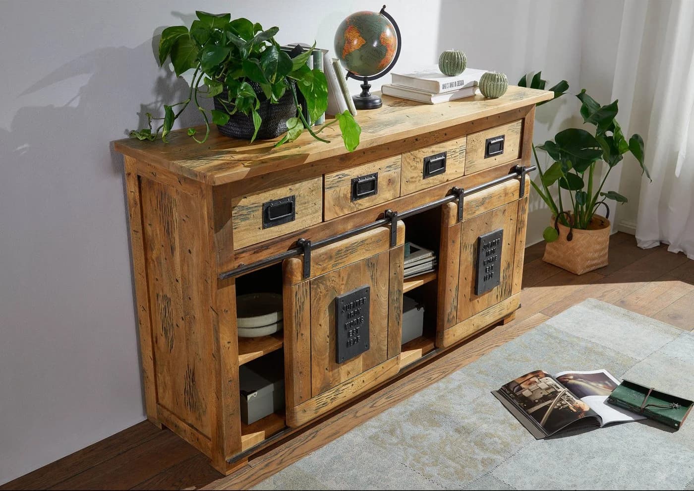 Massivmoebel24 Sideboard RAILWAY Mango Massivholz Beige Industrial