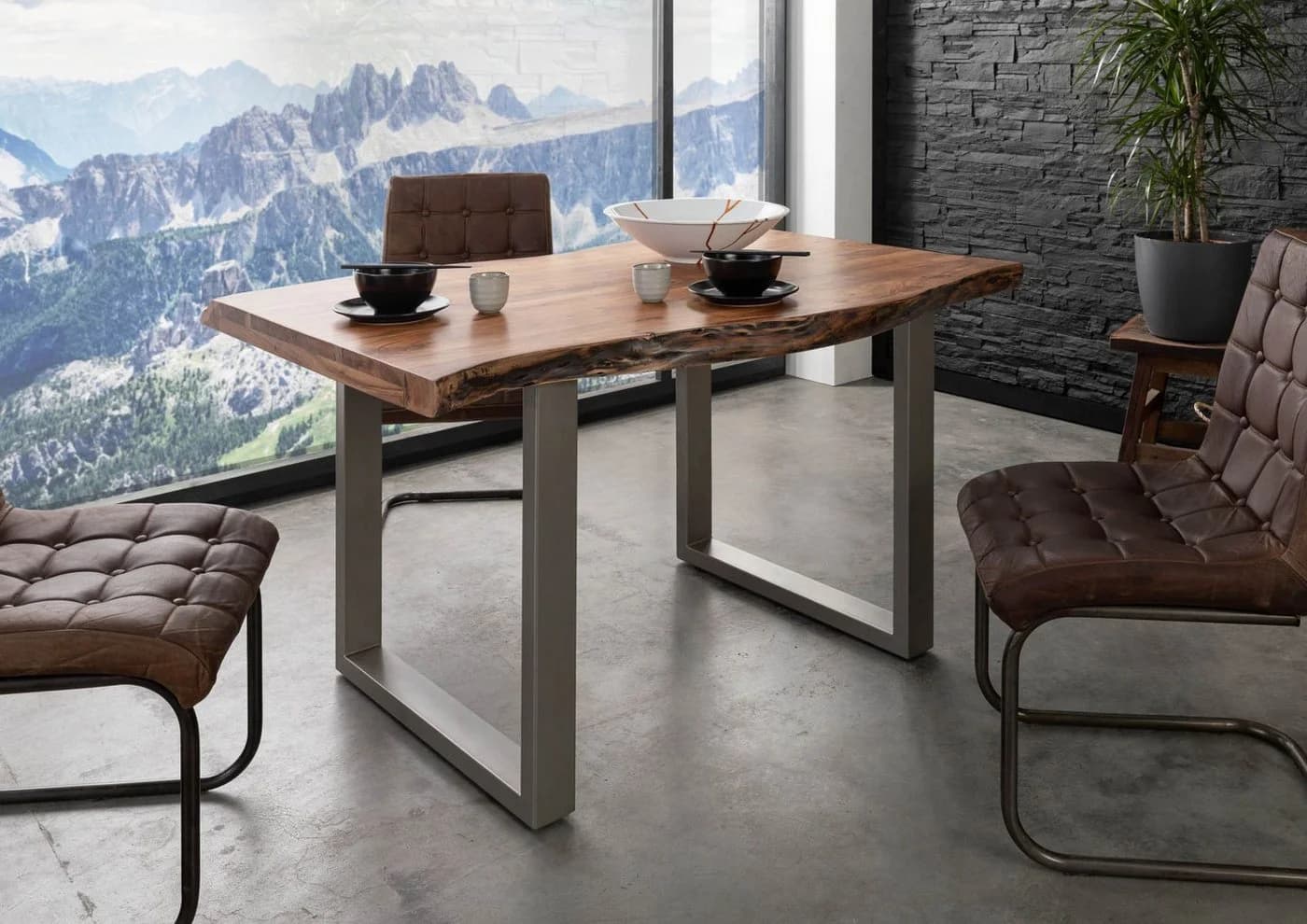 Massivmoebel24 Baumkantentisch FREEFORM 5 Akazie massiv silber U-Beine